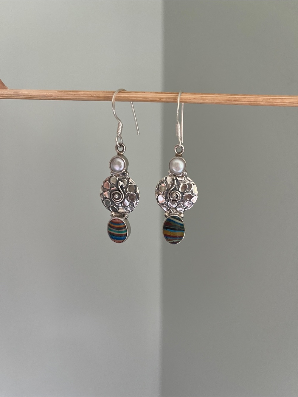 Sterling Silver Floral Drop Earrings with Multicolor Stripe Accent